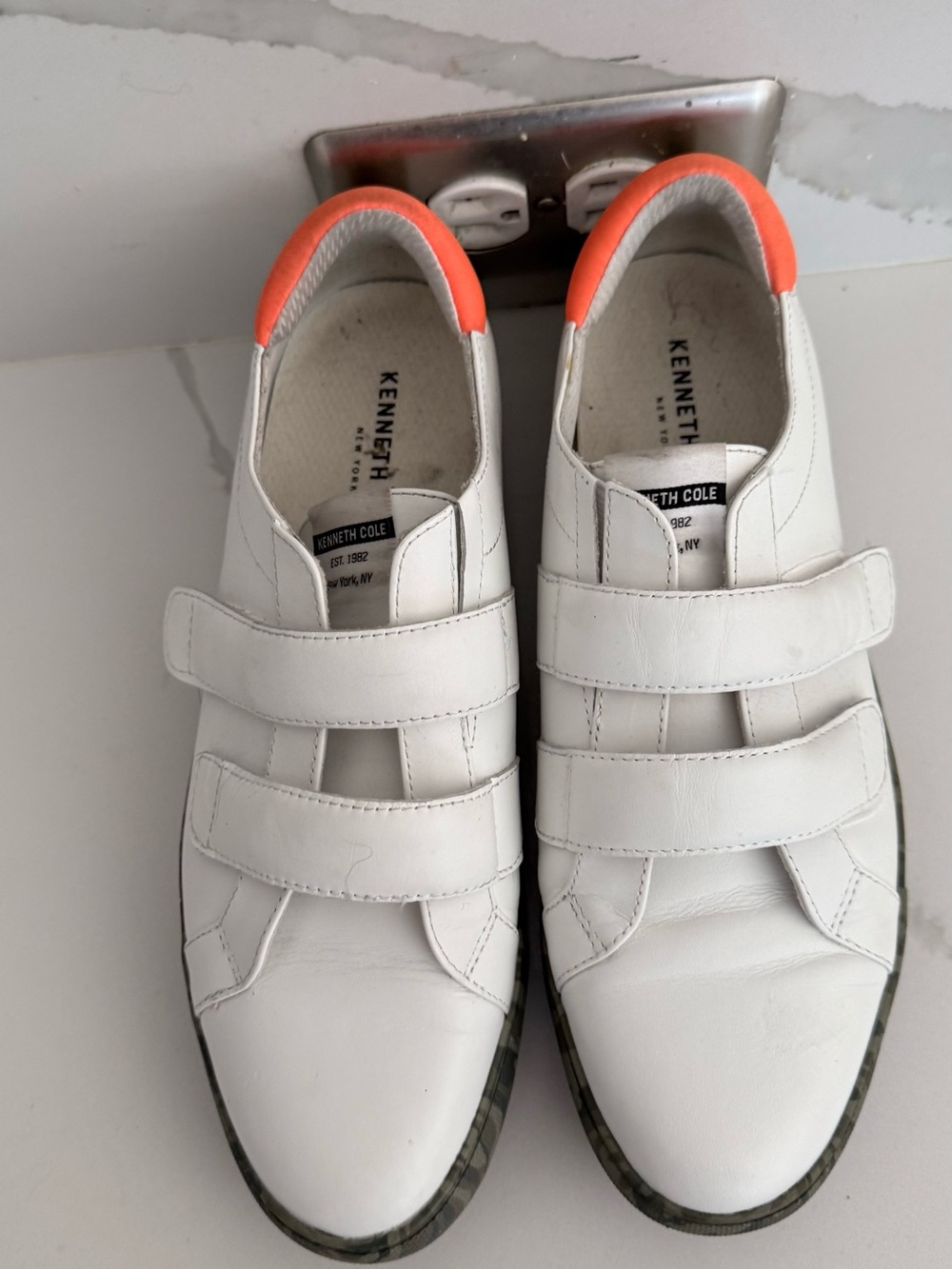 Kenneth Cole White Leather Velcro Sneakers with Orange Heel